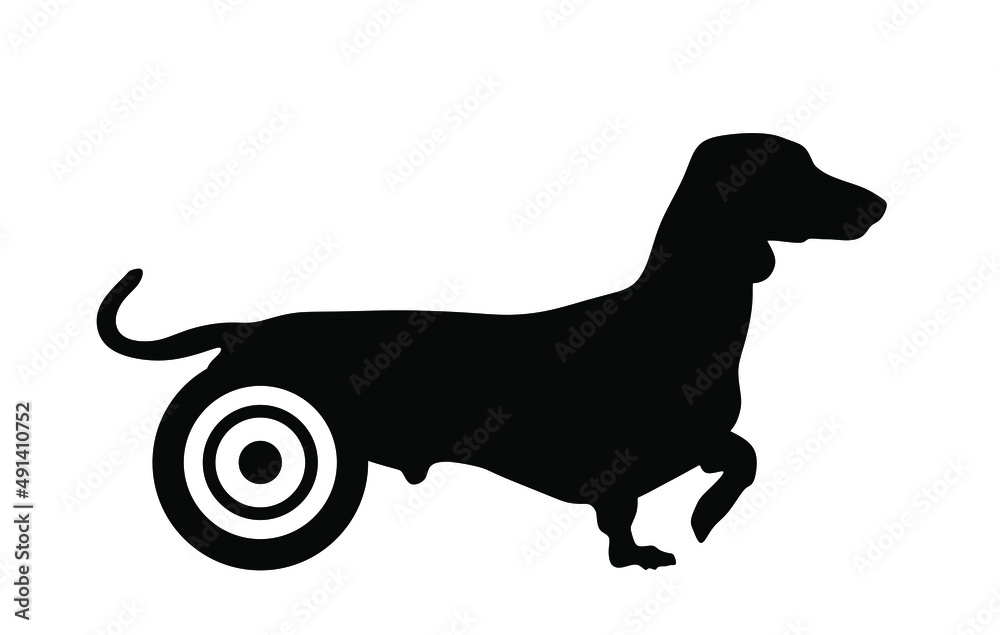 Disabled dog dachshund in wheels vector silhouette illustration isolated on white background. Handicapped dog in wheelchair shape symbol. Lovely pet injured after accident and veterinarian fix legs.
