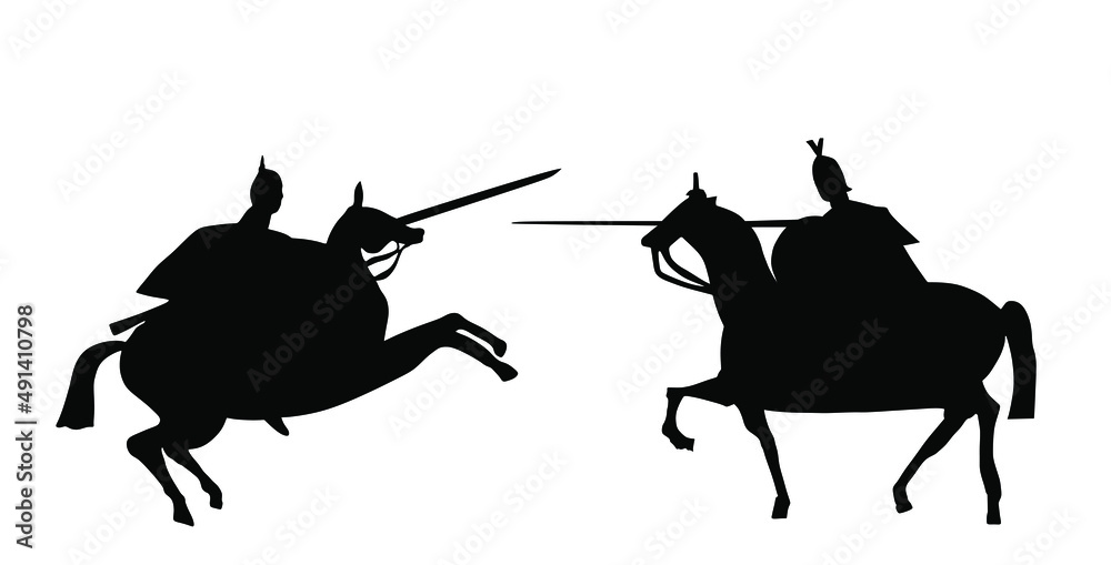 Knights in battle riding horse with armor helmet and spear vector ...