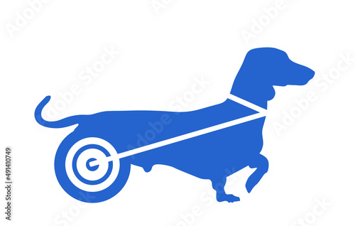 Disabled dog dachshund in wheels vector silhouette illustration isolated on white background. Handicapped dog in wheelchair shape symbol. Lovely pet injured after accident and veterinarian fix legs.