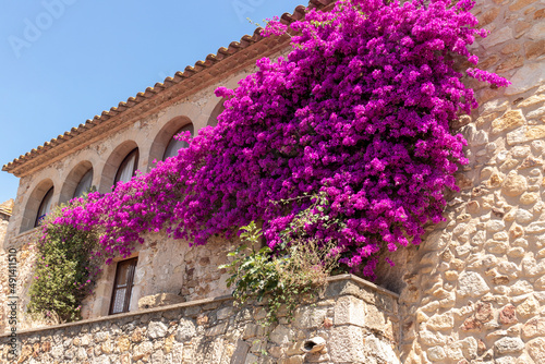 facade with flowers in the town of pals in al costa brava