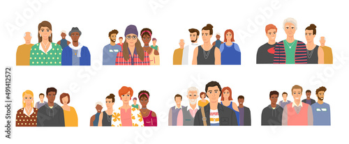 Multiethnic group of people standing together community and togetherness concept, diversity portrait. Characters men and women isolated on white. Crowd community. Social diversity friends or relatives