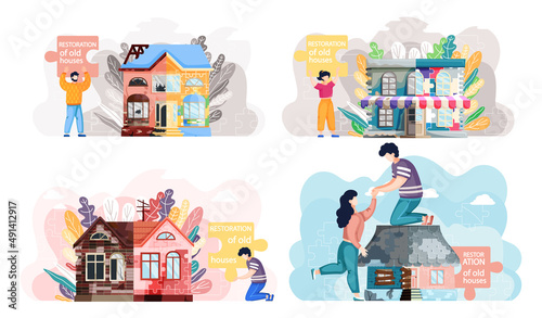 Home house repair renovation service. Before and after creative concept, restoration of old building. Contractor standing in front of home before and after overhaul. Reconstruction of cottage facade