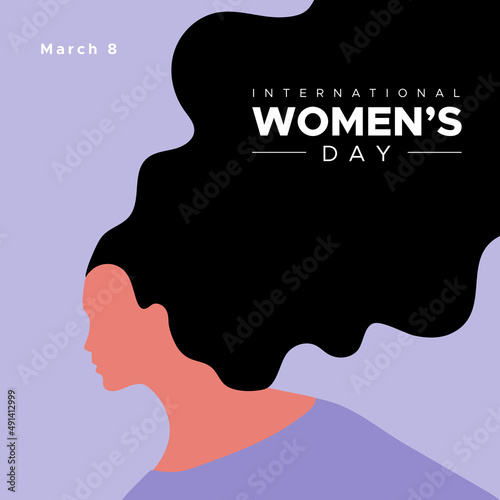 International Women's Day. March 8. Woman portrait with long hair. Violet color. Concept of human rights, equality. Vector illustration, flat design
