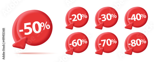 Set of digital red labels for sale discounts percent, circle with arrow down for decrease price, tags bubbles