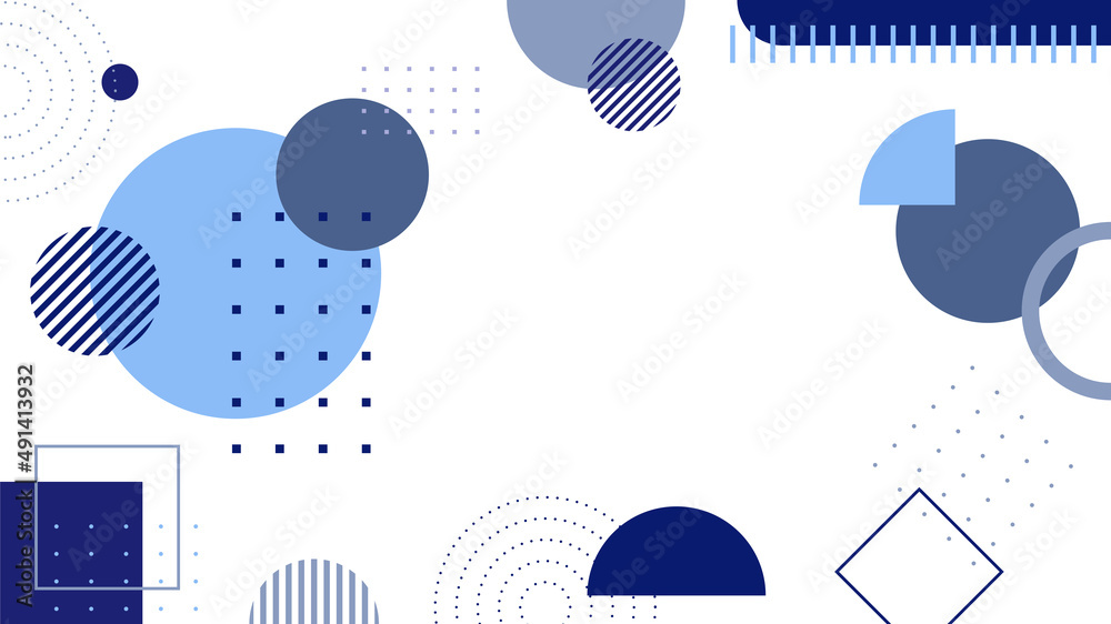 Fototapeta premium Abstract colorful blue Memphis flat geometric shapes background. Abstract composition with lines square dot triangle circle and wavy flat style. Design for poster, presentation, card, cover, banner.