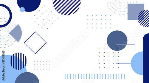 Abstract colorful blue Memphis flat geometric shapes background. Abstract composition with lines square dot triangle circle and wavy flat style. Design for poster, presentation, card, cover, banner.