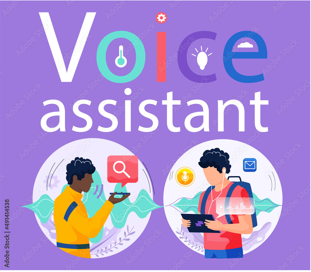 Voice assistant. Smart speaker virtual assistant, sound robot, people using voice controlled smart speaker. Voice activate digital assistant identification control contactless mobile device microphone Voice assistant. Smart speaker virtual assistant, sound robot, people using voice controlled smart speaker. Voice activate digital assistant identification control contactless mobile device microphone