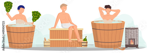 Sauna and steam room. Set of people in sauna. People relax and steam with birch brooms in traditional russian stove for female and male. Finnish bathhouse. Public sauna, Friends in spa resort