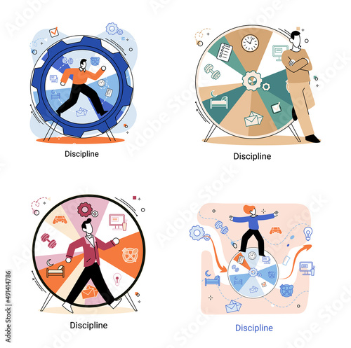 Daily schedule metaphor, daily affairs person, discipline indicators time for rest, work, sleep, food. Scheduling activities for day, time management, distribution of tasks, circle sectors occupation