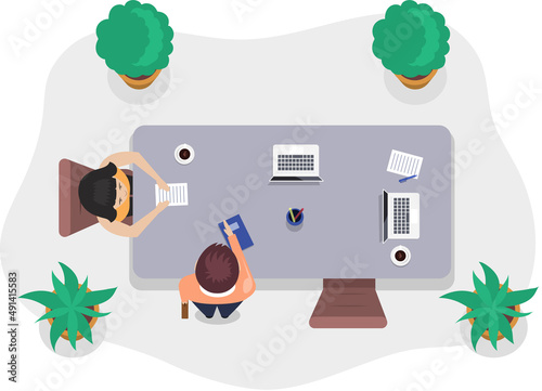 Business office connection working concept. Businessmen communicating talking about project strategy. People having board meeting with presentation, business brainstorming of startup, top view