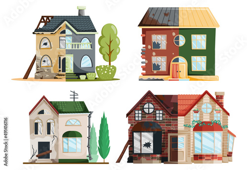 Home renovation, house before and after repair. New and old suburban cottage. Remodel construction. Old run-down house remodeled into cute traditional suburban cottage. Building maintenance service