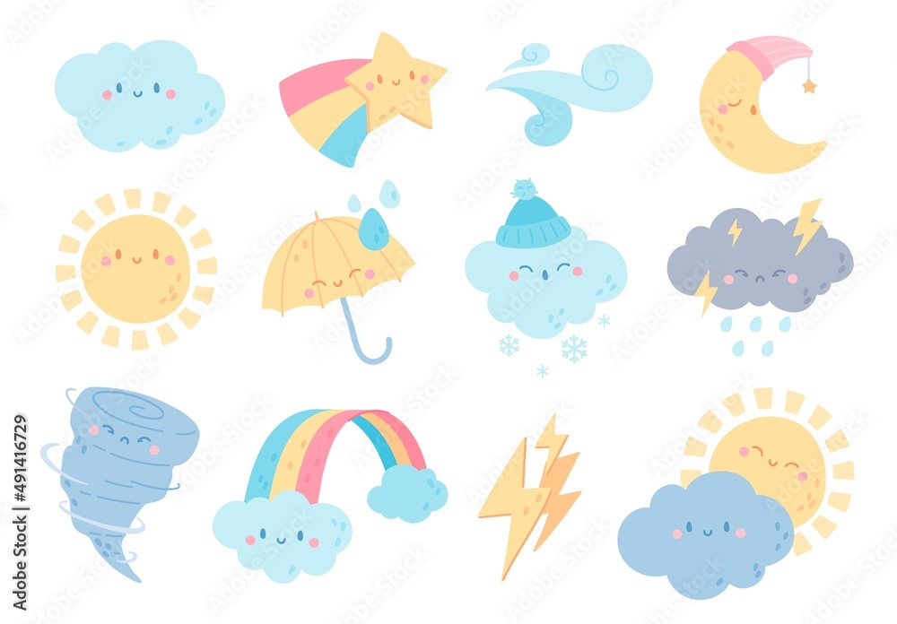 Weather characters with funny faces, cute sun and thunderstorm clouds ...
