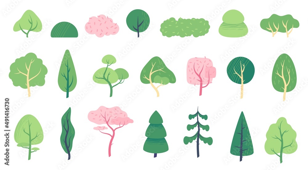 Flat minimal trees and bushes, summer city park or garden plants. Spring tree with green leaves, oak,  birch, spruce, nature landscape elements vector set