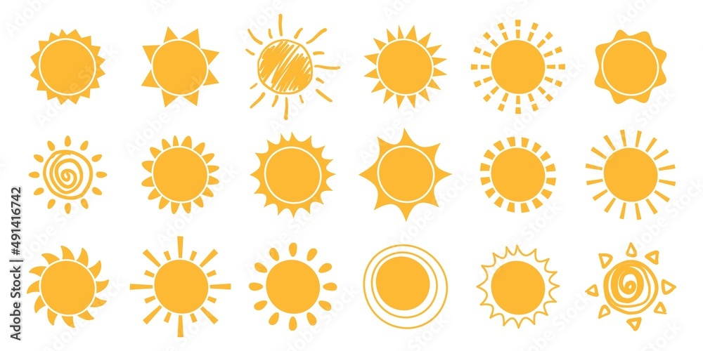 Yellow sun icon logo, summer sunrays doodles. Cute childish sunshine scribbles, sunrise and sunset symbols vector set - obrazy, fototapety, plakaty 
