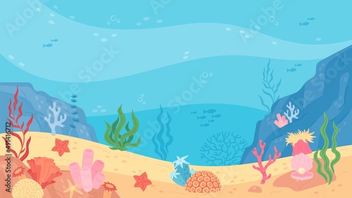 Underwater world scene, ocean floor marine life background. Undersea with corals and seaweed, sea bottom, seabed vector illustration photo