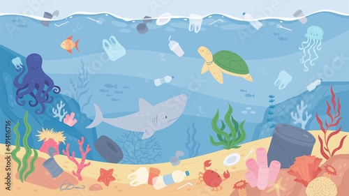 Garbage in sea, plastic pollution, underwater ocean with trash. Marine animals animals swimming in polluted water, undersea with floating rubbish vector illustration