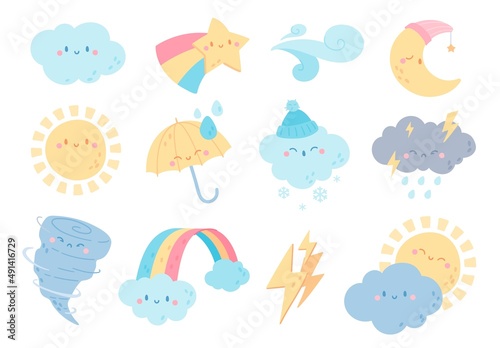 Weather characters with funny faces, cute sun and thunderstorm clouds. Rainbow, cloud with snowflakes, tornado, moon, umbrella, meteorology vector set