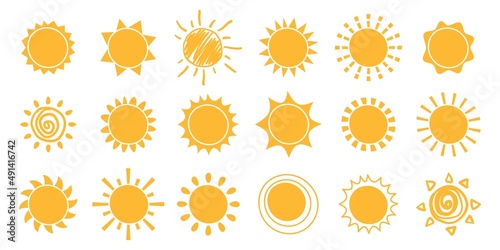 Yellow sun icon logo, summer sunrays doodles. Cute childish sunshine scribbles, sunrise and sunset symbols vector set