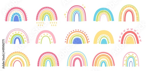 Obraz na plátně Scandinavian rainbow doodle, cute childish rainbows with hearts and stars
