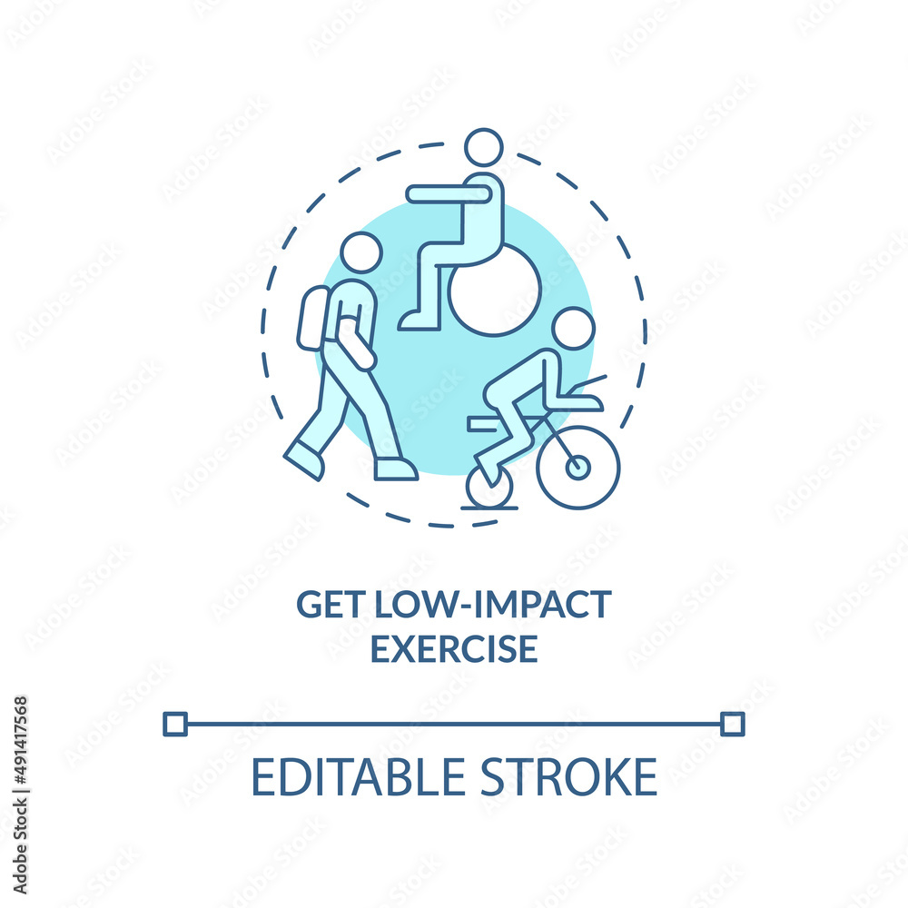Get low-impact exercise turquoise concept icon. Improving joint health naturally tip abstract idea thin line illustration. Isolated outline drawing. Editable stroke. Arial, Myriad Pro-Bold fonts used