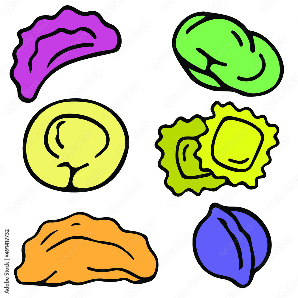 Dumplings with various fillings colorfull hand drawn doodle in vector format isolated on white background.
Dumplings with various fillings colorfull hand drawn doodle in vector format isolated on white background.