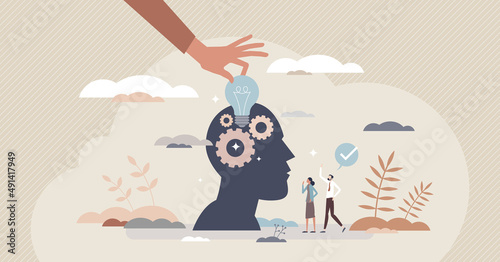 Problem resolution and solution with smart idea tiny person concept. Effective and wise business collaboration or partnership with complex question research and successful result vector illustration.