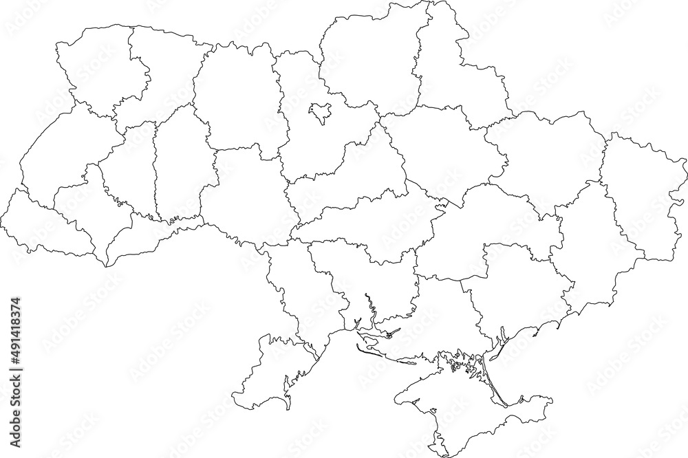 White flat blank vector administrative map of raion areas of UKRAINE with black border lines of its raions