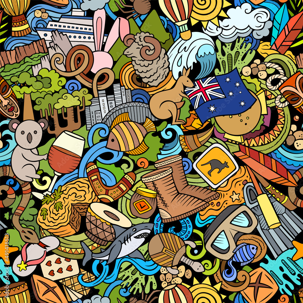 Cartoon doodles Australia seamless pattern.