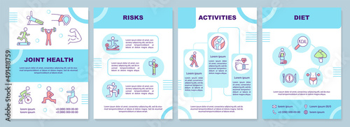 Joint health turquoise brochure template. Risks and activities. Leaflet design with linear icons. 4 vector layouts for presentation, annual reports. Arial-Black, Myriad Pro-Regular fonts used