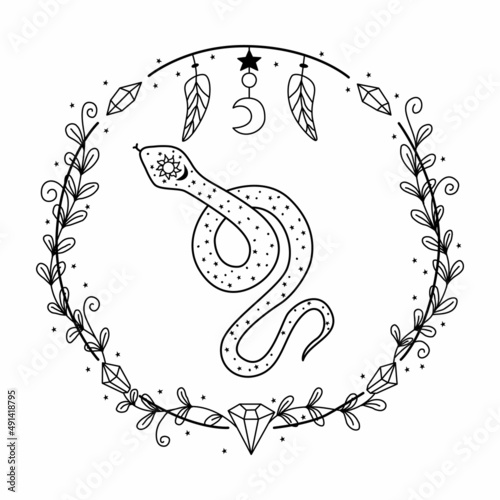 Vector hand drawn snake illustration. The snake is a symbol of witches, divination and accultism. Mystical animal and mystical symbols.