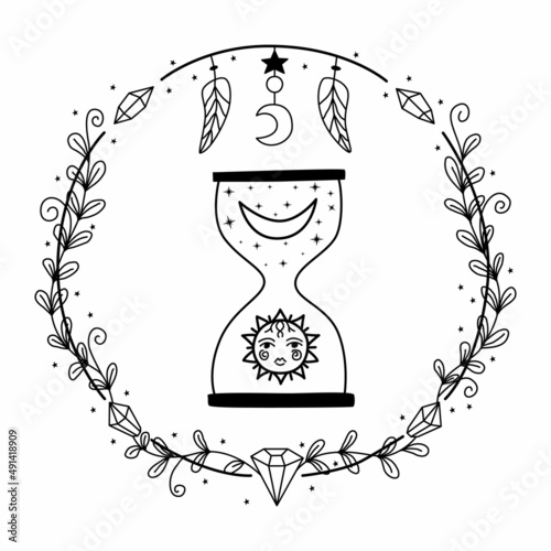 Hand drawn hourglass with sun and moon. Astrological symbol with clock. Magic time. Witch symbol for divination