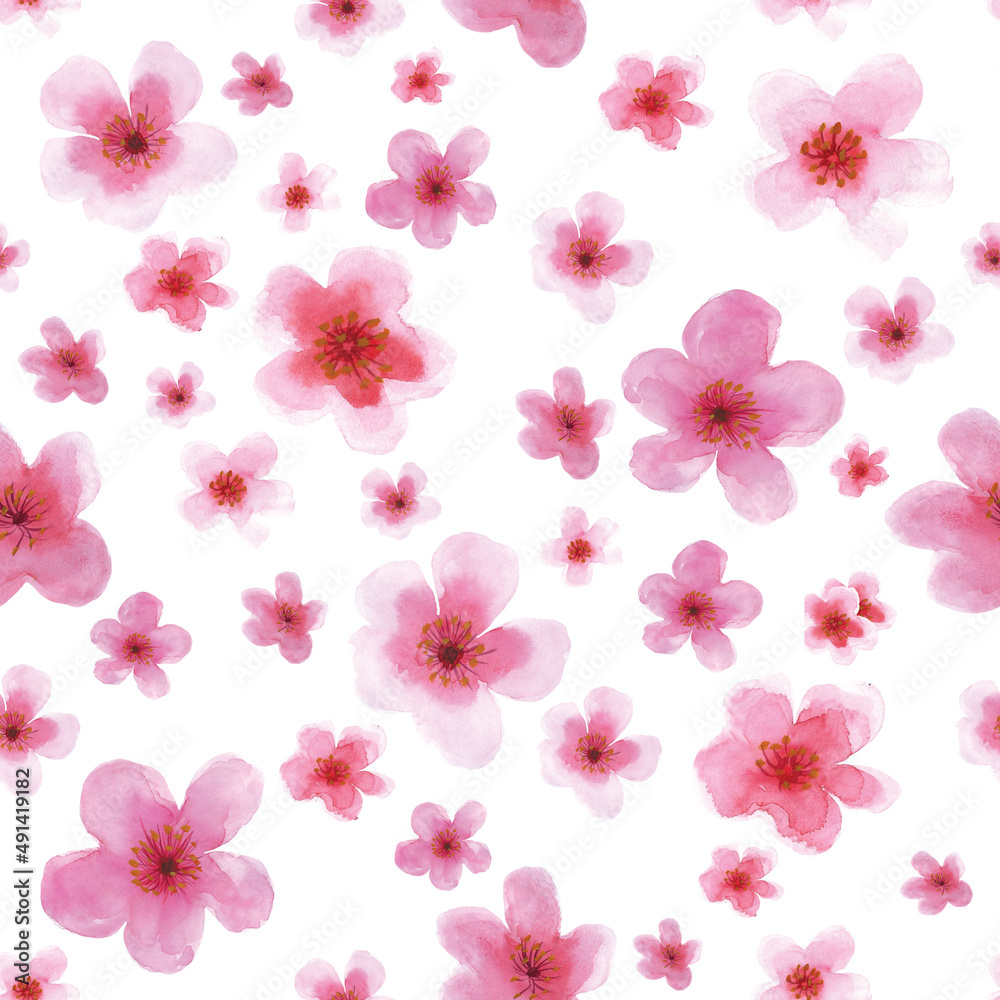 Cherry blossom pink flowers seamless pattern Sakura blossom simple botanical print spring watercolor floral illustration