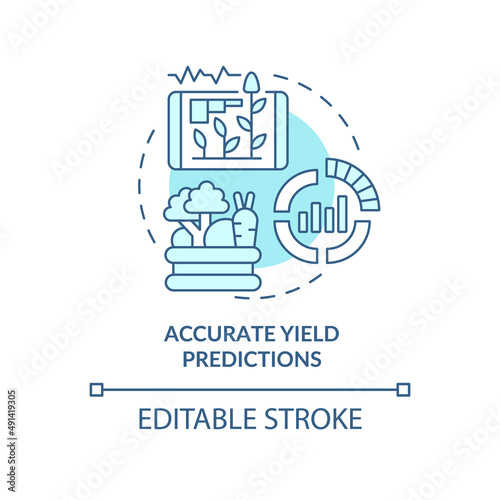 Accurate yield predictions turquoise concept icon. Current farming trends abstract idea thin line illustration. Isolated outline drawing. Editable stroke. Arial, Myriad Pro-Bold fonts used