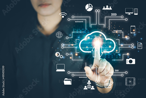 Businesswoman touching virtual monitor, cloud computer storage concept, cloud computing, big data, internet of things, business processes, various storage systems