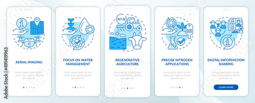 Trends in agriculture blue onboarding mobile app screen. Innovations walkthrough 5 steps graphic instructions pages with linear concepts. UI, UX, GUI template. Myriad Pro-Bold, Regular fonts used