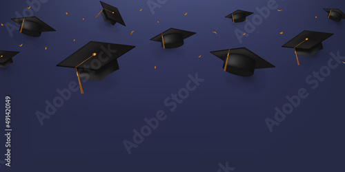Happy graduation with falling graduation cap with golden confetti and blue background
