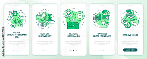 Shift to regenerative culture green onboarding mobile app screen. Farm walkthrough 5 steps graphic instructions pages with linear concepts. UI, UX, GUI template. Myriad Pro-Bold, Regular fonts used