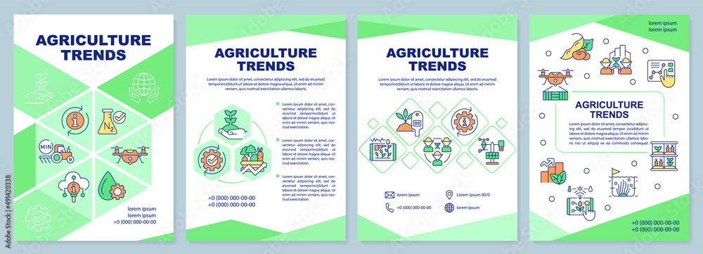 Agriculture trends green brochure template. Farming growth. Leaflet design with linear icons. 4 vector layouts for presentation, annual reports. Arial-Black, Myriad Pro-Regular fonts used