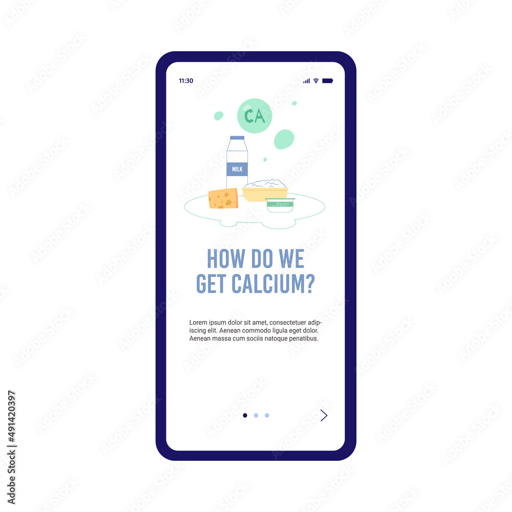 Naklejka premium Onboarding mobile app how to provide calcium from food, vector illustration.