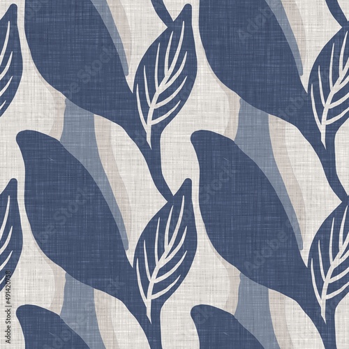 French blue botanical leaf linen seamless pattern with 2 tone country cottage style motif. Simple vintage rustic fabric textile effect. Primitive modern shabby chic kitchen cloth design.