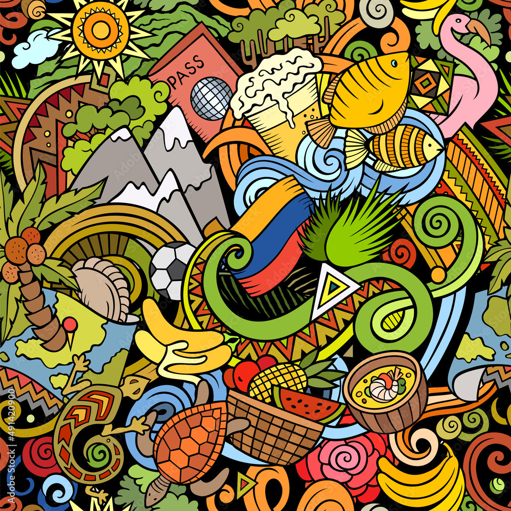 Cartoon doodles Ecuador seamless pattern.
