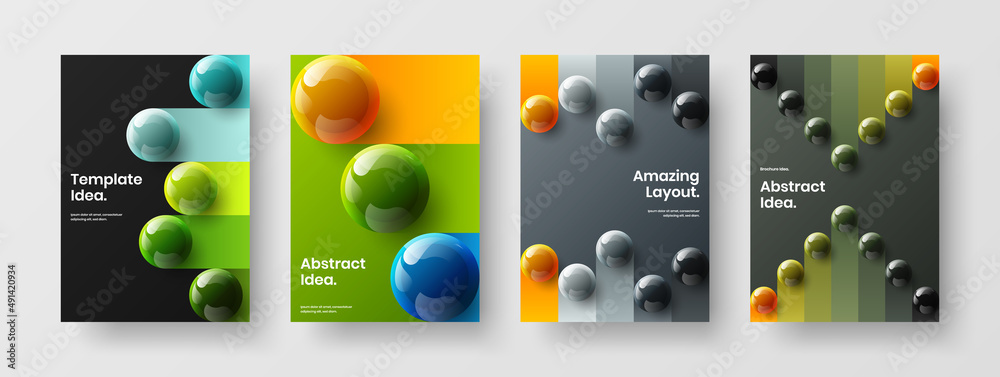 Abstract front page A4 vector design concept composition. Multicolored realistic spheres leaflet illustration bundle.