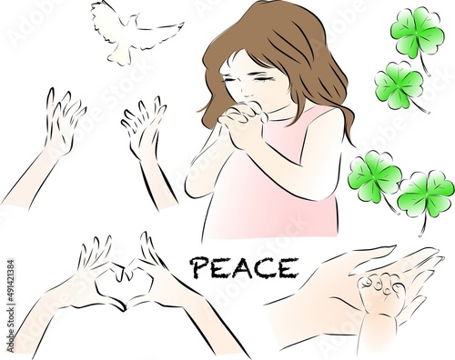 世界平和を願って祈る女子と平和のセット
