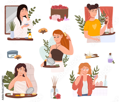 Beauty girls take care of skin and applying cosmetics on face flat cartoon vector illustrations set. Woman Making Facial Massage by Lines. Skin Care Routine, Hygiene and Moisturizing Concept.