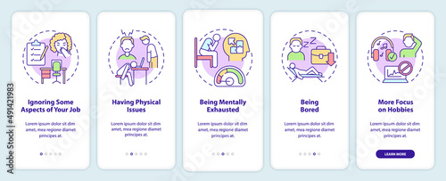 Signs you are in wrong career onboarding mobile app screen. Being bored walkthrough 5 steps graphic instructions pages with linear concepts. UI, UX, GUI template. Myriad Pro-Bold, Regular fonts used