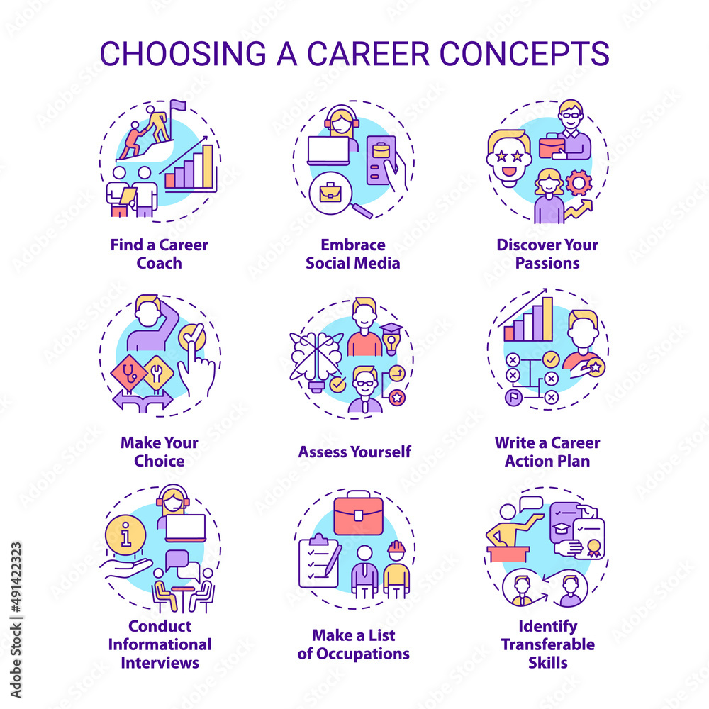 Choosing career concept icons set. Discovery your passions idea thin line color illustrations. Write career action plan. Isolated symbols. Editable stroke. Roboto-Medium, Myriad Pro-Bold fonts used Choosing career concept icons set. Discovery your passions idea thin line color illustrations. Write career action plan. Isolated symbols. Editable stroke. Roboto-Medium, Myriad Pro-Bold fonts used