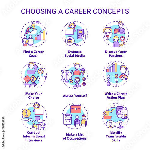 Choosing career concept icons set. Discovery your passions idea thin line color illustrations. Write career action plan. Isolated symbols. Editable stroke. Roboto-Medium, Myriad Pro-Bold fonts used
