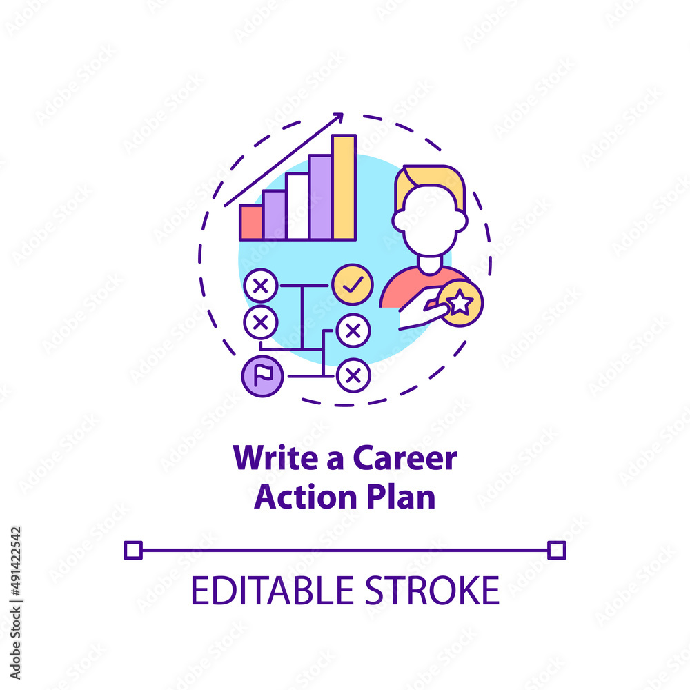 Write career action plan concept icon. Step to find right occupation abstract idea thin line illustration. Gaining skills. Isolated outline drawing. Editable stroke. Arial, Myriad Pro-Bold fonts used Write career action plan concept icon. Step to find right occupation abstract idea thin line illustration. Gaining skills. Isolated outline drawing. Editable stroke. Arial, Myriad Pro-Bold fonts used