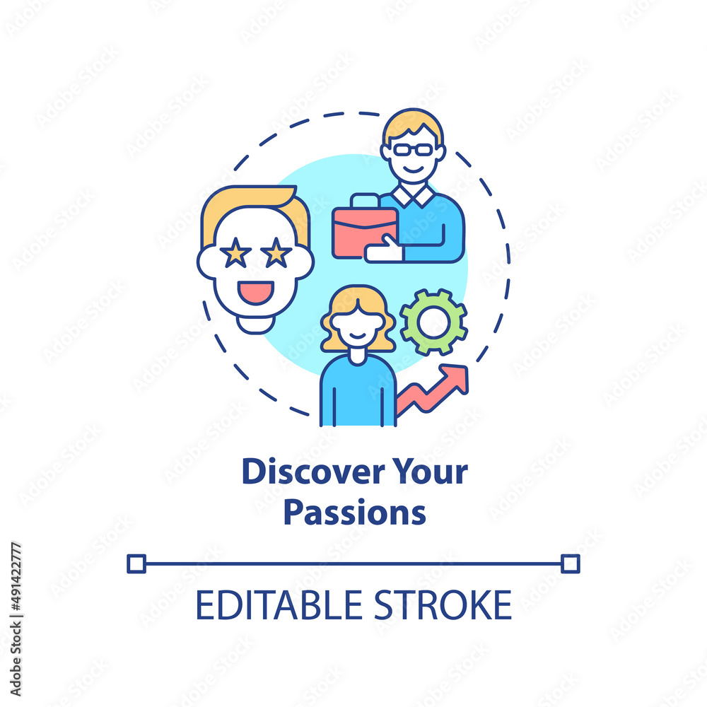 Discover your passions concept icon. What to do if you made bad career choice abstract idea thin line illustration. Isolated outline drawing. Editable stroke. Arial, Myriad Pro-Bold fonts used