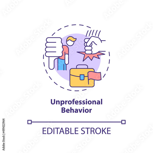 Unprofessional behavior concept icon. Warning sign in recruitment interview abstract idea thin line illustration. Isolated outline drawing. Editable stroke. Arial, Myriad Pro-Bold fonts used